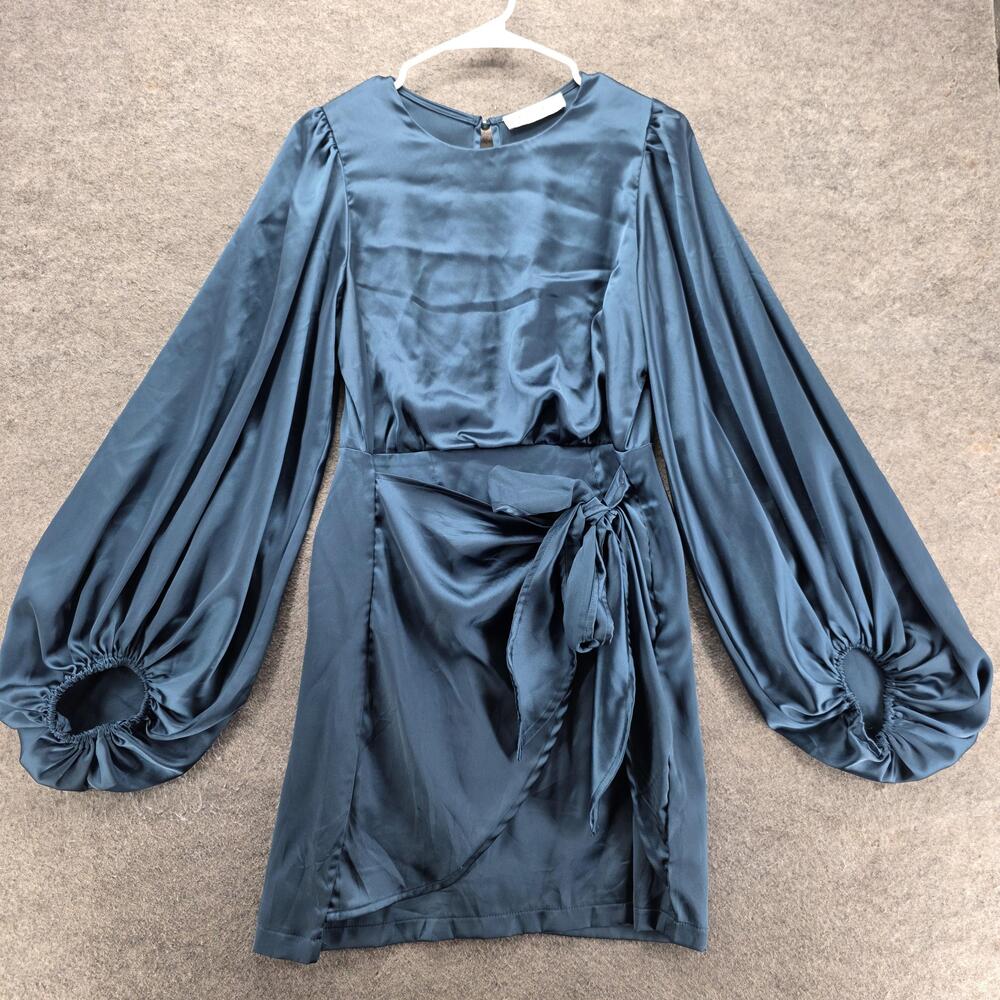 Petal + Pup Dress Womens 6 Blue Wrap Dress Long Sleeve Balloon Belted Satin